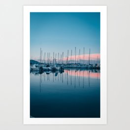 Boats reflecting in the water during sunset at harbor in Alghero | Sardinia | Italy Art Print