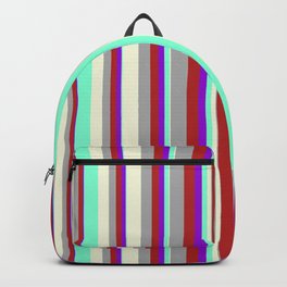 [ Thumbnail: Dark Violet, Red, Dark Grey, Beige & Aquamarine Colored Striped Pattern Backpack ]