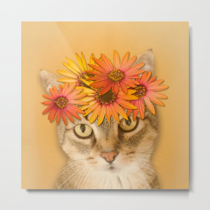 Tabby Cat with Daisy Flower Crown, Mustard Yellow Background Metal Print