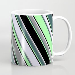 [ Thumbnail: Eye-catching Lavender, Grey, Dark Slate Gray, Green & Black Colored Pattern of Stripes Coffee Mug ]