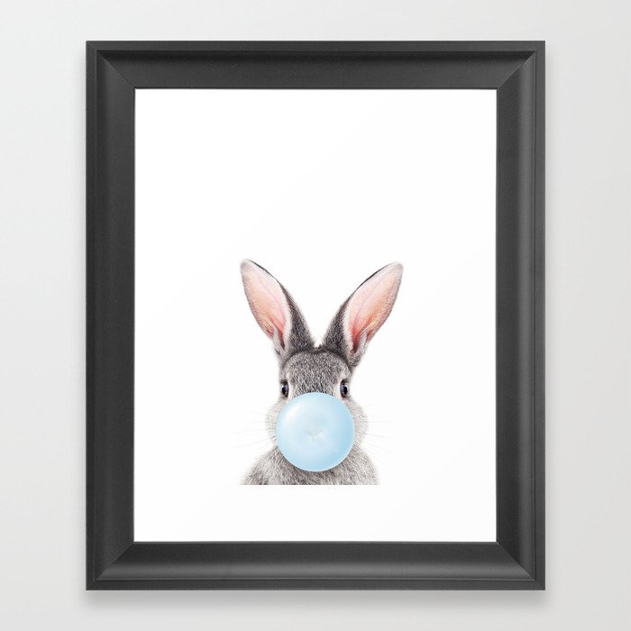 Grey Bunny Blowing Blue Bubble Gum, Baby Boy, Kids, Baby Animals Art Print by Synplus Framed Art Print