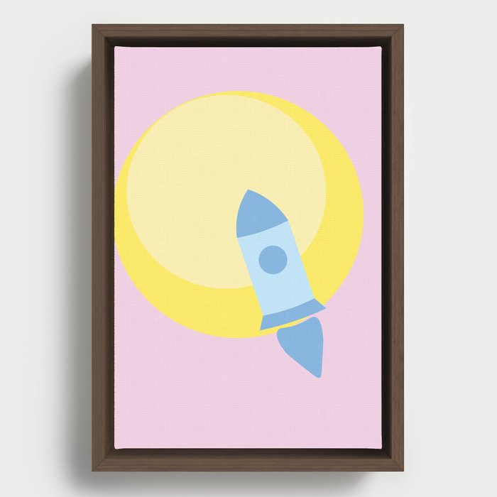 Abstract: Blue rocket ship in front of the yellow sun Framed Canvas