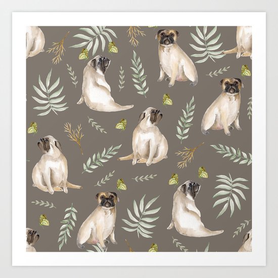 Pugs and butterflies. Brown pattern Art Print