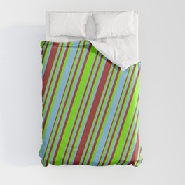 [ Thumbnail: Light Sky Blue, Brown, and Green Colored Striped/Lined Pattern Duvet Cover ]