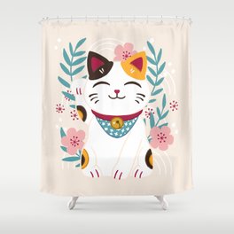 Japanese Lucky Cat with Cherry Blossoms Shower Curtain