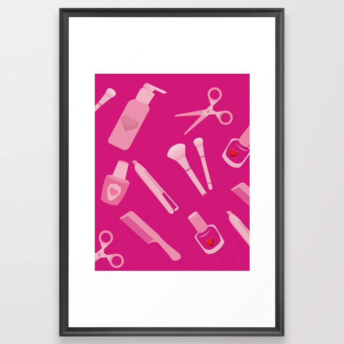 Beauty Accessories with Love Hearts over Magenta Background Framed Art Print