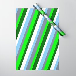 [ Thumbnail: Eye-catching Light Sky Blue, Light Slate Gray, Lime, Dark Green, and White Colored Stripes Pattern Wrapping Paper ]