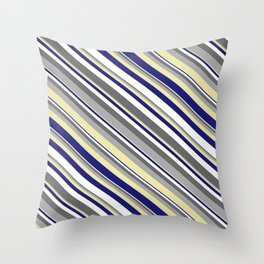 [ Thumbnail: Vibrant Dim Grey, Dark Gray, Pale Goldenrod, Midnight Blue, and White Colored Lined Pattern Throw Pillow ]