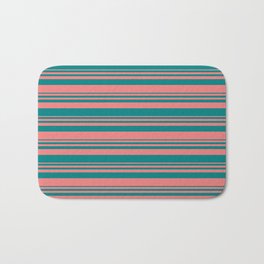 [ Thumbnail: Light Coral and Teal Colored Lined Pattern Bath Mat ]