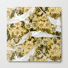 Vintage Art Nouveau White Doves and Lilies Metal Print