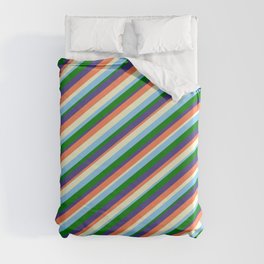 [ Thumbnail: Coral, Light Yellow, Light Sky Blue, Green & Dark Slate Blue Colored Lined/Striped Pattern Duvet Cover ]