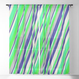[ Thumbnail: Eyecatching Dark Gray, Dark Blue, Beige, Green & Lime Colored Striped/Lined Pattern Sheer Curtain ]