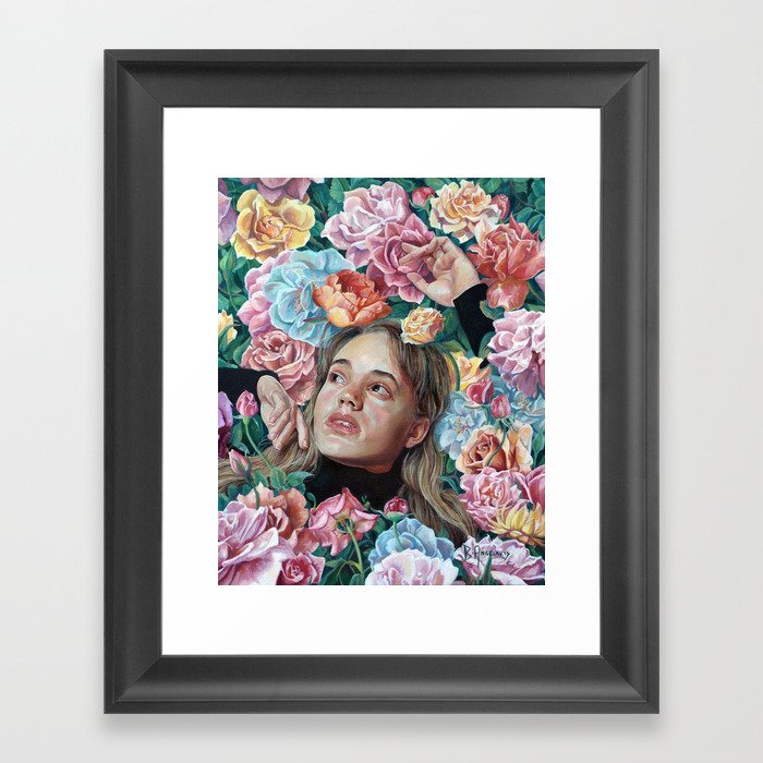 Florimania, portrait of young girl woman in flowers, colorful rainbow, bright, romantic Framed Art Print