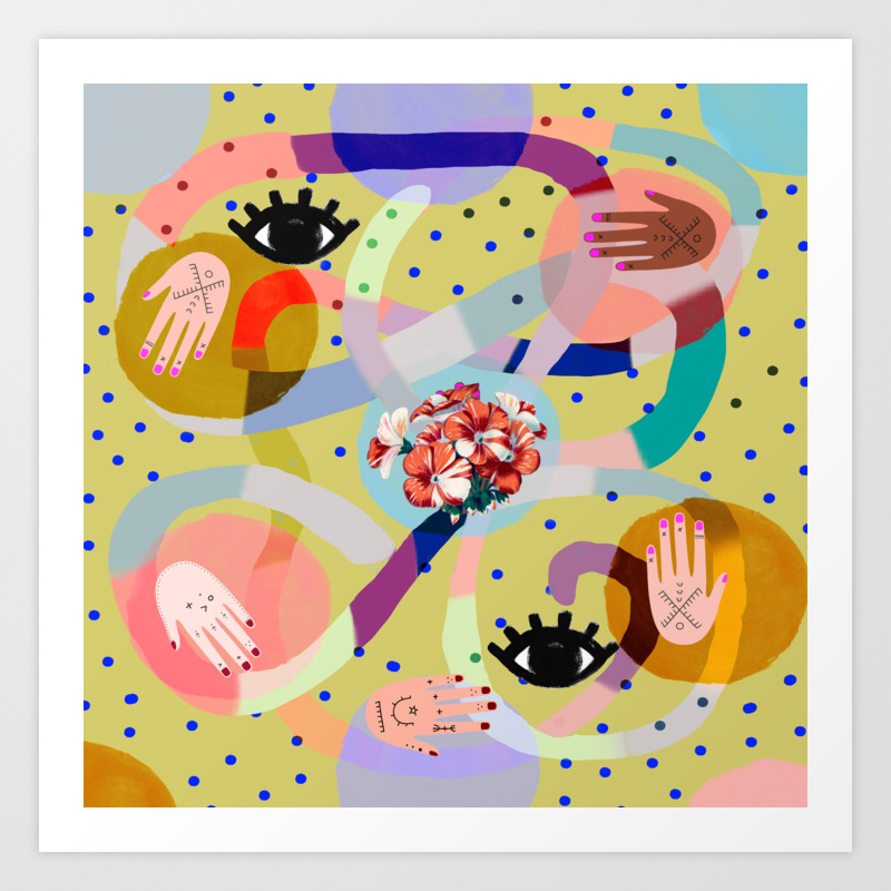 Abstract Evil Eye Female Hands Dots Love Flowers Art Print By