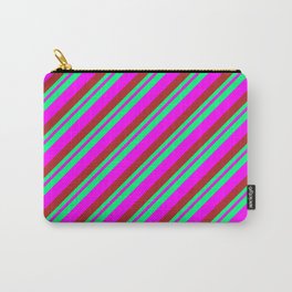 [ Thumbnail: Green, Fuchsia & Red Colored Striped Pattern Carry-All Pouch ]