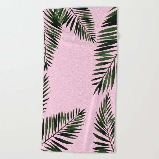 Watercolor tropical palm leaves pink Beach Towel