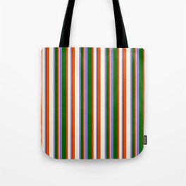 [ Thumbnail: Purple, Dark Green, Red & Beige Colored Pattern of Stripes Tote Bag ]
