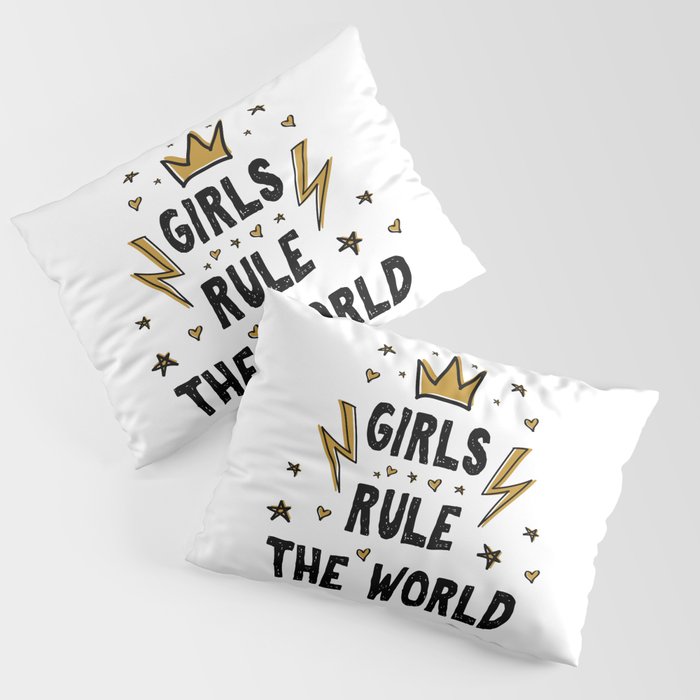 Girls rule the world - funny feminism humor sayings typography illustration with thunder and star Pillow Sham
