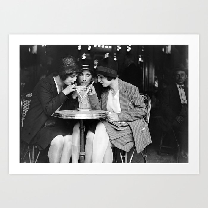 Three girl friends sharing and sipping an aperitif at Paris Cafe portrait black and white photograph - photography - photographs Art Print