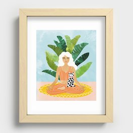 Meditation With Thy Cat Poster | Blonde Woman of Color | Tropical Banana Leaves Quirky Pet Workout  Recessed Framed Print