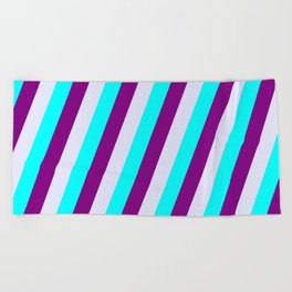 [ Thumbnail: Aqua, Purple, and Lavender Colored Lined Pattern Beach Towel ]