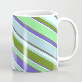 [ Thumbnail: Colorful Light Blue, Green, Slate Blue, Light Cyan & Light Green Colored Stripes Pattern Coffee Mug ]