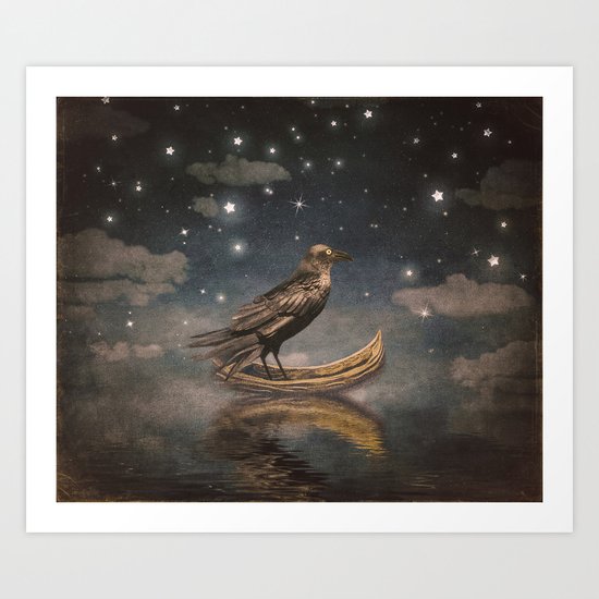 Crow in a boat at the river magical night Art Print
