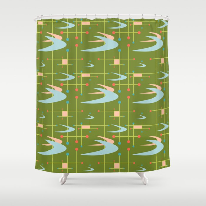 Mid Century Modern Boomerangs On Lime Green Shower Curtain By