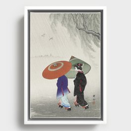 Two Women Walking in the Rain Framed Canvas