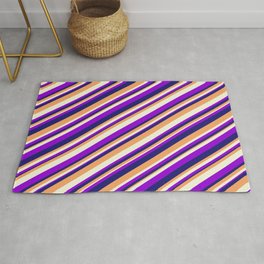 [ Thumbnail: Dark Violet, Midnight Blue, Brown, and Beige Colored Striped Pattern Rug ]