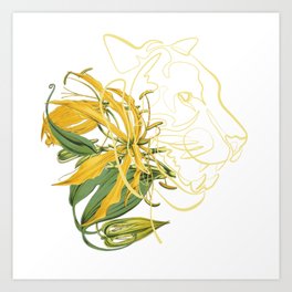 Yellow Lily Line Art Tiger Head Art Print