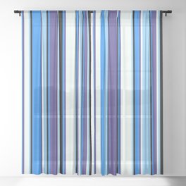 [ Thumbnail: Vibrant Light Sky Blue, Mint Cream, Dark Slate Blue, Blue & Black Colored Lines Pattern Sheer Curtain ]
