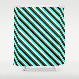 [ Thumbnail: Aqua, White, Dark Olive Green, and Black Colored Lined Pattern Shower Curtain ]