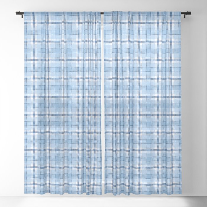 Light Blue Tartan Gingham Plaid Sheer Curtain