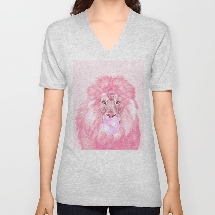 Lion Chewing Bubble Gum in Pink V Neck T Shirt