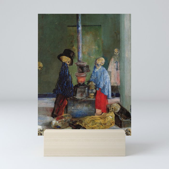 Skeletons warming themselves by old potbelly stove in abandoned factory grotesque art portrait painting by James Ensor Mini Art Print