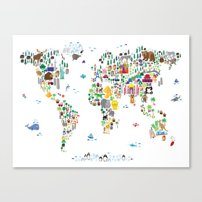 Animal Map of the World for children and kids Canvas Print