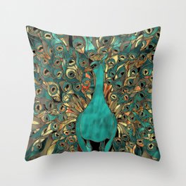 Aqua and Gold Peacock Throw Pillow