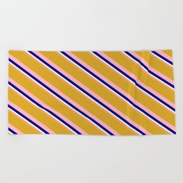 [ Thumbnail: Colorful Brown, Goldenrod, Light Pink, Blue, and Mint Cream Colored Lined/Striped Pattern Beach Towel ]