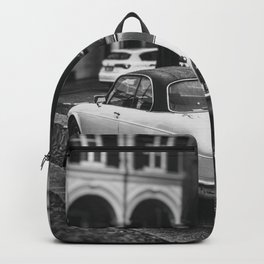 vintage jaguar car in vertical black and white background Backpack