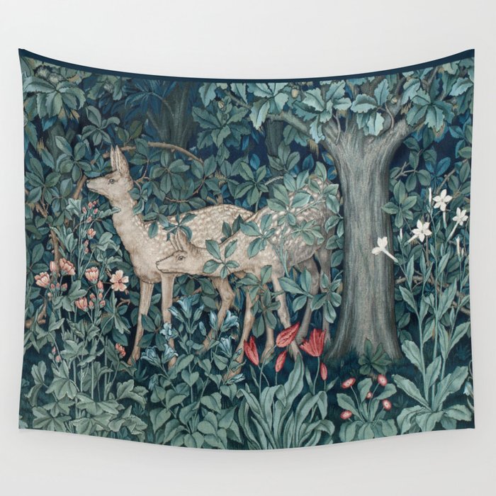 William Morris Forest Deer Greenery Tapestry Wall Tapestry by