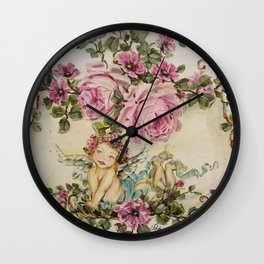 Sweet Cherub and Pink Roses Painting Wall Clock