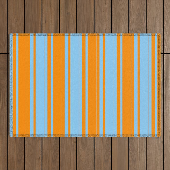 Dark Orange and Light Sky Blue Colored Striped/Lined Pattern Outdoor Rug