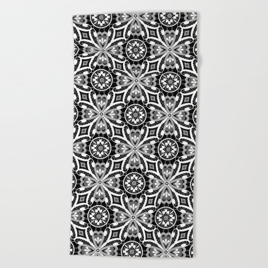 Retro . Lace black and white pattern . White lace on a black background . Beach Towel
