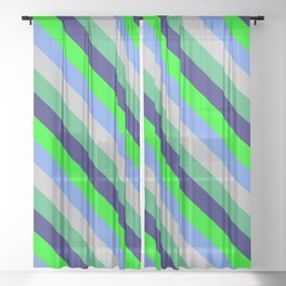 [ Thumbnail: Lime, Cornflower Blue, Grey, Sea Green, and Midnight Blue Colored Stripes Pattern Sheer Curtain ]