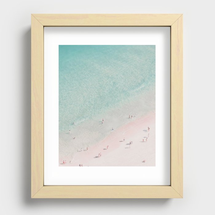 Aerial Beach Ocean Print - Beach People - Pink Sand - Pastel Sea - Minimal - Travel photography Recessed Framed Print