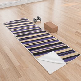 [ Thumbnail: Dark Slate Blue, Tan & Black Colored Pattern of Stripes Yoga Towel ]