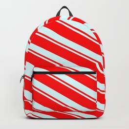 [ Thumbnail: Light Cyan and Red Colored Lined/Striped Pattern Backpack ]