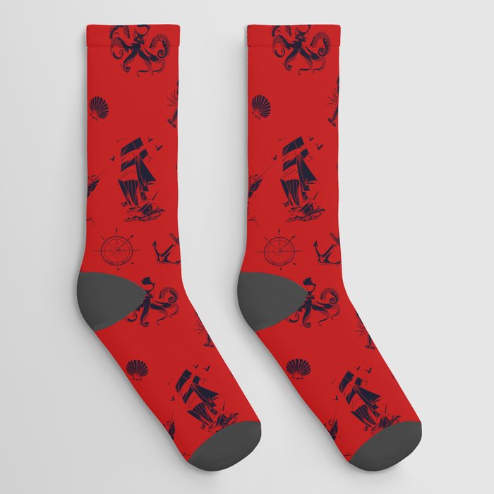 Red And Blue Silhouettes Of Vintage Nautical Pattern Socks
