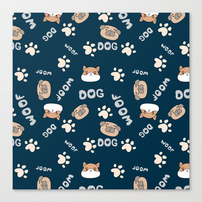 Blue pattern with cute, funny happy dogs. Paw prints, woof with hearts text and pets. Canvas Print